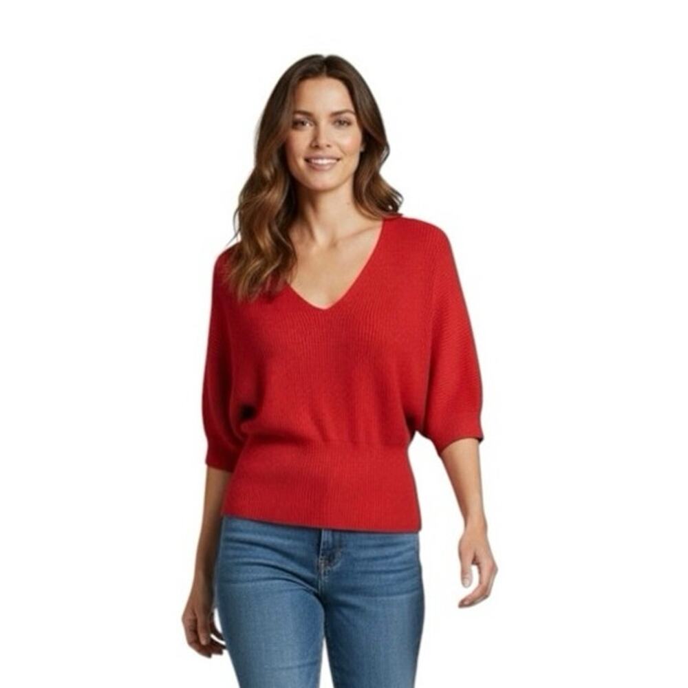 LOFT Ann Taylor Women's Dolman Sweater Red V-Neck 100% Cotton Size MEDIUM Chic